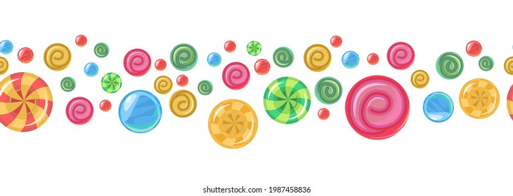 Sweets and scattered. Seamless. Assorted dessert interspersed. Candy caramel. Border seamless. Flat Background illustration. Vector