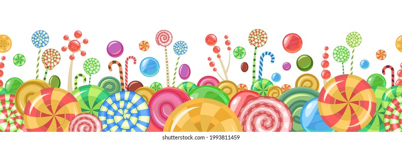 Süßigkeiten und zerstreut. Nahtlos. Verschiedene Lollipop-Nachspeisen vermischt. Bonbons mit Stock. Unten nahtlose Grenze. Flaches Hintergrundbild. Vektorgrafik