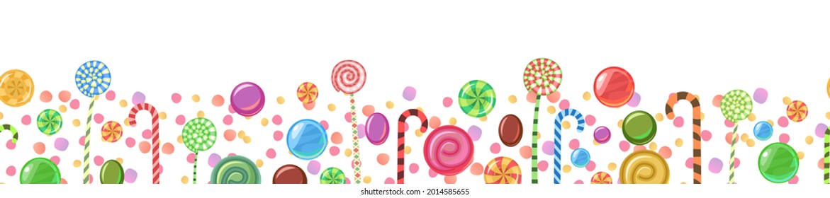 Sweets and scattered. Seamless. Assorted lollipop dessert interspersed. Candy caramel with stick. Bottom seamless border. Flat Background illustration. Vector
