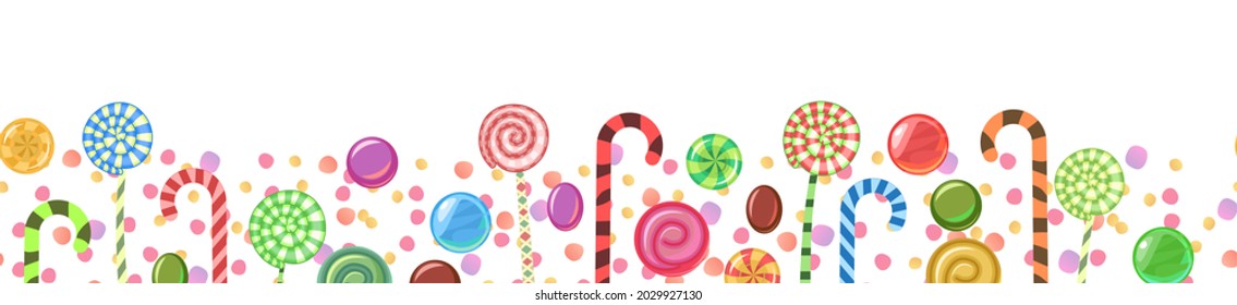 Dulces y dispersos. Sin inconveniente. El postre de langosta variado se intercaló. Candy caramelo con palo. Borde transparente inferior. Ilustración de fondo plano. Vector.