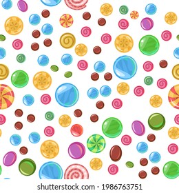 Sweets and scattered. Seamless pattern. Assorted dessert interspersed. Candy caramel. Border seamless. Flat Background illustration. Isolated Vector