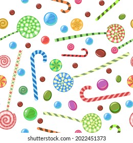 Sweets and scattered. Seamless pattern. Assorted lollipop dessert interspersed. Candy caramel with stick. Flat Background illustration. Isolated Vector