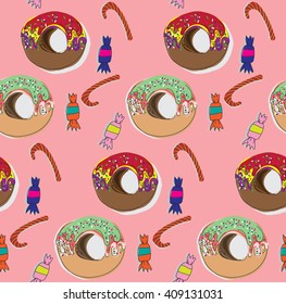 Sweets seamless background of cakes chocolate biscuits macaron donut vector illustration