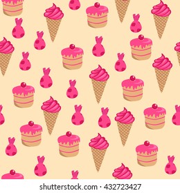 Sweets. Seamless background. Ice cream cones, candy, cake.