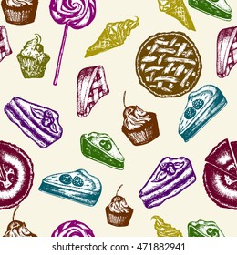 Sweets seamless pattern bakery chocolate candy vintage retro template ink hand drawn vector illustration
