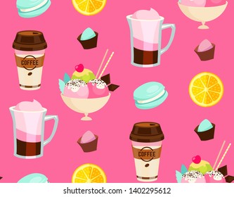 Sweets Seamless Pattern. Cafe and Candy Shop Wrapping Design. Coffe and Ice Cream.