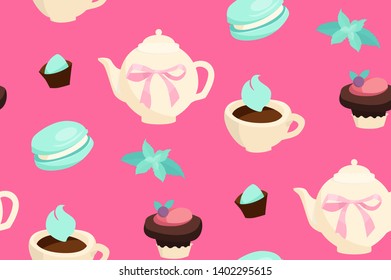 Sweets Seamless Pattern. Cafe and Candy Shop Wrapping Design. Coffe and Ice Cream.