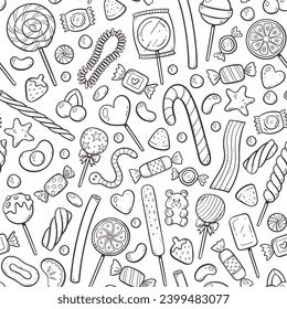 Sweets seamless pattern. Candies, lollipops and gummies isolated on white background. Doodle sweets elements. Hand-drawn vector Illustration.