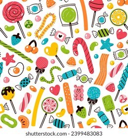 Sweets seamless pattern. Candies, lollipops and gummies isolated on white background. Colorful sweets elements. Hand-drawn vector Illustration.