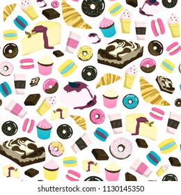 Sweets seamless pattern with cheesecake, brownie, cupcake, chocolate, donut, ice-cream, croissant etc Stock vector