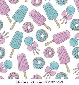 Sweets seamless pattern. Colorful cartoon illustration on white background.