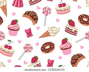 Sweets seamless pattern. Desserts and pastries, ice cream, donuts, lollipops, jellies, and gummy bears repeating background for fabric, textiles, and wrapping paper. Vector background.
