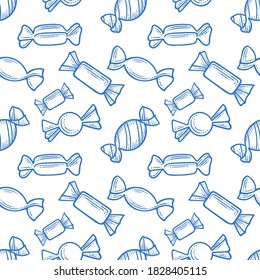 Sweets seamless pattern. Different candies and lollipops hand drawn endless background. Part of set.