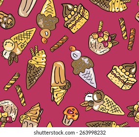 Sweets seamless pattern. Doodle food design. Cute childish background. Endless vector illustration