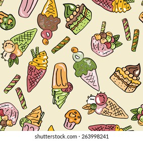 Sweets seamless pattern. Doodle food design. Cute childish background. Endless vector illustration