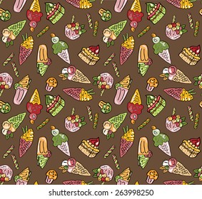 Sweets seamless pattern. Doodle food design. Cute childish background. Endless vector illustration