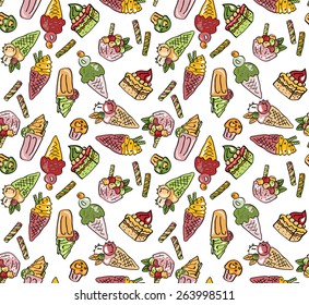 Sweets seamless pattern. Doodle food design. Cute childish background. Endless vector illustration