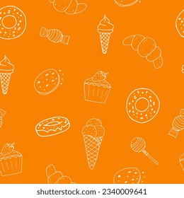 sweets seamless pattern hand drawn in doodle style. food background, wallpaper, textile, wrapping paper, wallpaper