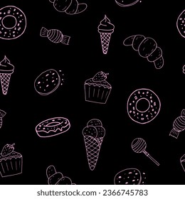 sweets seamless pattern hand drawn in doodle style. food background, wallpaper, textile, wrapping paper, wallpaper