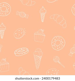 sweets seamless pattern hand drawn in doodle style. food background, wallpaper, textile, wrapping paper, wallpaper