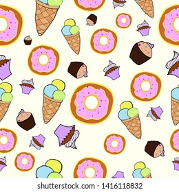 Sweets seamless pattern. Ice creams,cupcakes and donuts in vector. Bright modern colors.