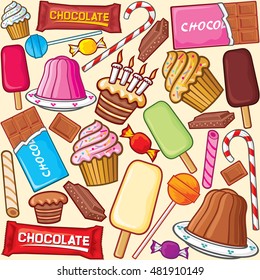 sweets seamless pattern (lollipop, candy cane, pudding in dish, birthday cake with candles, ice cream, chocolate)