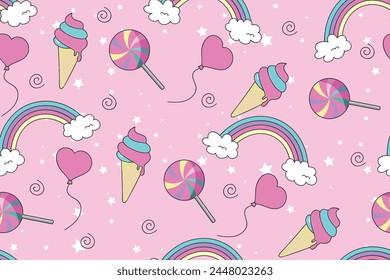 Sweets seamless pattern on a pink glamour background. Fashion illustration drawing in modern style for clothes. Drawing for kids clothes, t-shirts, fabrics or packaging. Ice cream, sweets, candy