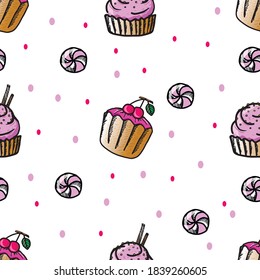 Sweets seamless pattern on white. Cartoon style. Sweets: muffin with pink cream and cherry, muffin with chocolate tubes and lollipops. Suitable for wrapping paper, fabric and wallpaper.