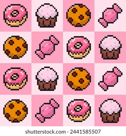 sweets seamless pattern, pixel donut, cupcake, cookie, candy, 8 bit, old arcade game style, sweet food background, wallpaper, vector illustration