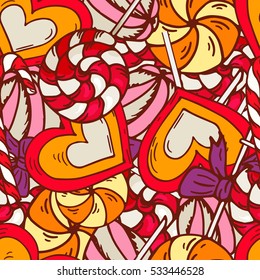 Sweets seamless pattern. Vector illustration with hand drawn sketch elements. Colorful background with various candies.