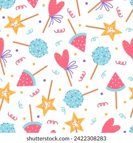 Sweets seamless vector pattern. Tasty cake pop with glossy icing, sprinkles. Sugar lollipops in the shape of a star, watermelon slice. Treats on a sticks, caramel. Candies for kids, funny background
