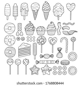 Dulces. Una variedad de caramelos, galletas y pasteles. Ilustración vectorial.