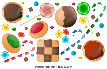 Sweets set assorted candies cookies on Christmas and Happy New Year