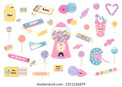 Sweets set. Cartoon bubble gum, candy and lollipops collection. Different chewing gum, roll, tape, pads, balls in packaging or blisters. Yummy dragee. 90s nostalgia. 