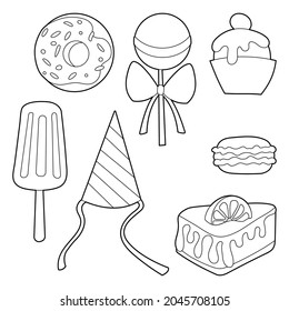 Sweets set. Cartoon lineart illustration. Isolated on white background.