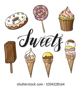 Sweets set in cartoon style. Ice cream, cake, donut, lollipop in bright colors