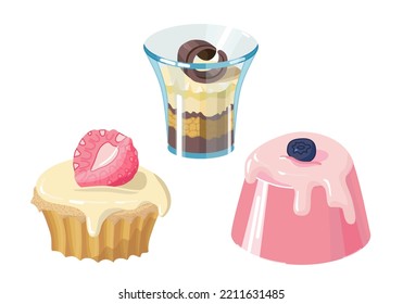 Sweets set with chocolate trifle, fruit jelly and cupcake with strawberry and caramel sauce isolated on white background for cafeteria menu, food package, birthday card or other. Vector illustration.