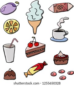 Sweets Set. Coffee, drinks, dessert. Vector illustration of cake, candy and fruit.