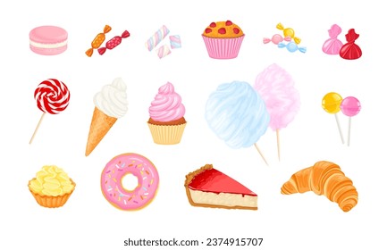 Dulces. Colección de postres, dulces y pasteles. Ilustración de dibujos animados de la repostería colorida