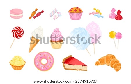 Sweets set. Collection of desserts, sweets and pastries. Vector cartoon illustration of colorful confectionery