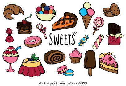 Sweets. Set of color vector elements for stickers, prints, icons, books. Hand drawn cartoon illustrations