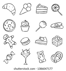 Sweets set. Different delicious desserts and sweets in vector. Simple line hand drawn, black and white, elements for website, prints or info graphics. 