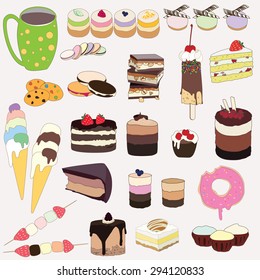 Sweets set with donut, marshmallow, macaron and cake slices