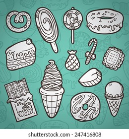 Sweets set. First part of vector doodle collection of hand drawn sweets icons with outline seamless pattern on background