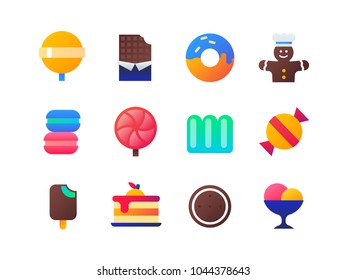 Sweets - set of flat design style icons isolated on white background. High quality collection of lollipop, chocolate, donut, gingerbread, macaron, popsicle, chewing gum, candy, ice cream, cake, cookie