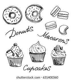 Sweets set. Hand drawn donuts, macaroons and cupcakes isolated on white background. Sketch, vector illustration.