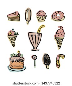Sweets. Set of hand drawn doodle desserts. Cakes, ice cream, candy, caramel. Color vector illustration isolated on white.