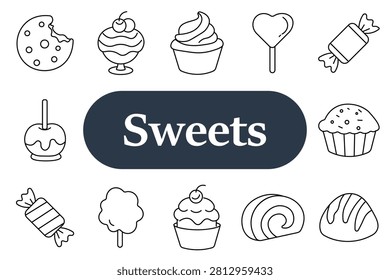 Sweets set icon. Cookie, cupcake, lollipop, candy, muffin, cotton candy, caramel apple, dessert roll, pastry, confectionery, bakery treats, sugary snack collection.