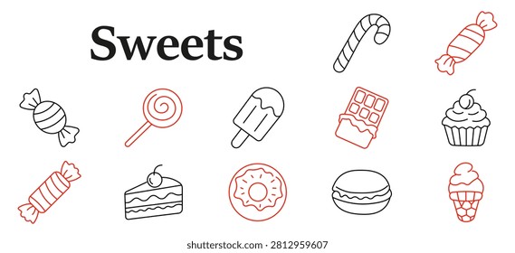 Sweets set icon. Swirled lollipop, frozen popsicle, frosted cupcake, striped caramel, glazed doughnut, layered pastry, creamy dessert, sugary confectionery assortment