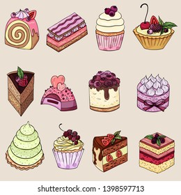 Sweets set isolated. Many types cakes collection. Delicious food pack. Closeup. Colorful tasty icons set.